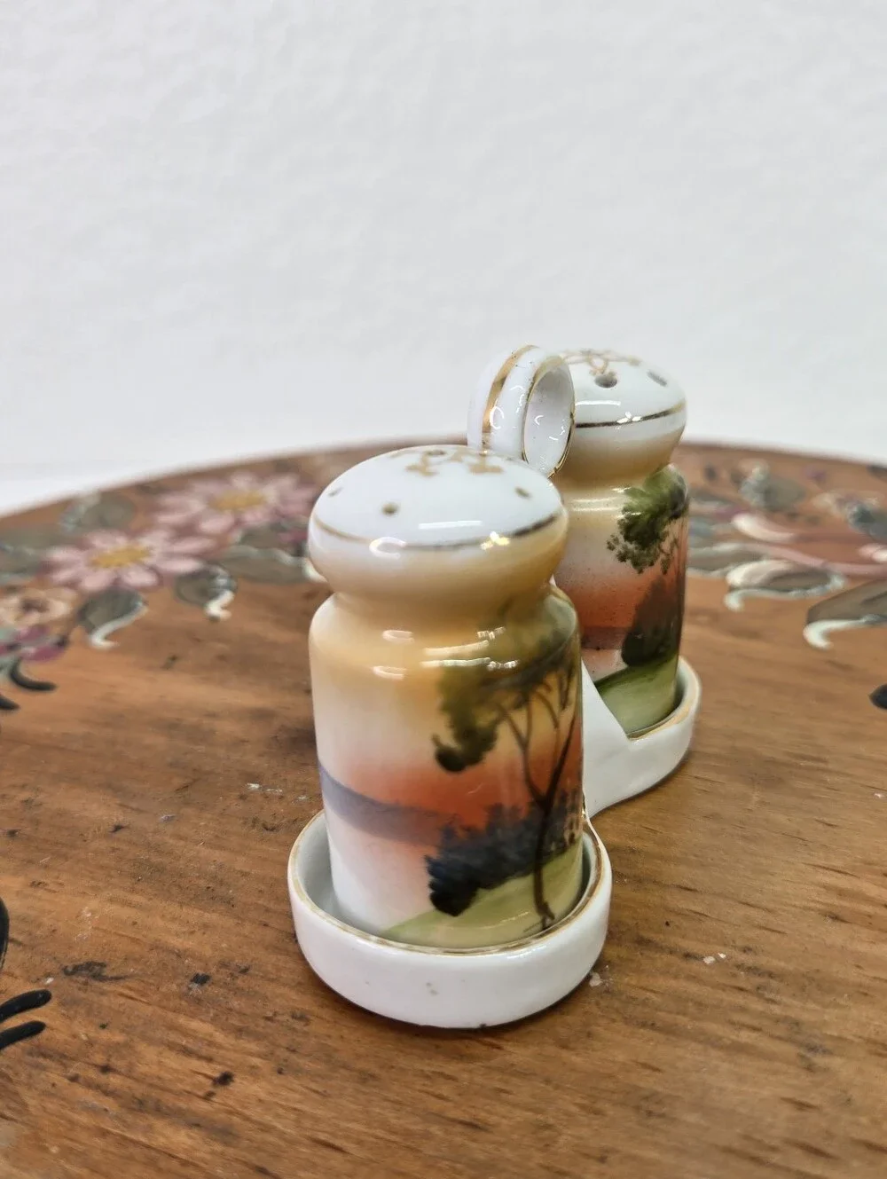 Antique Noritake Tree in Meadow Hand Painted Salt Pepper Shakers Set Caddy Japan